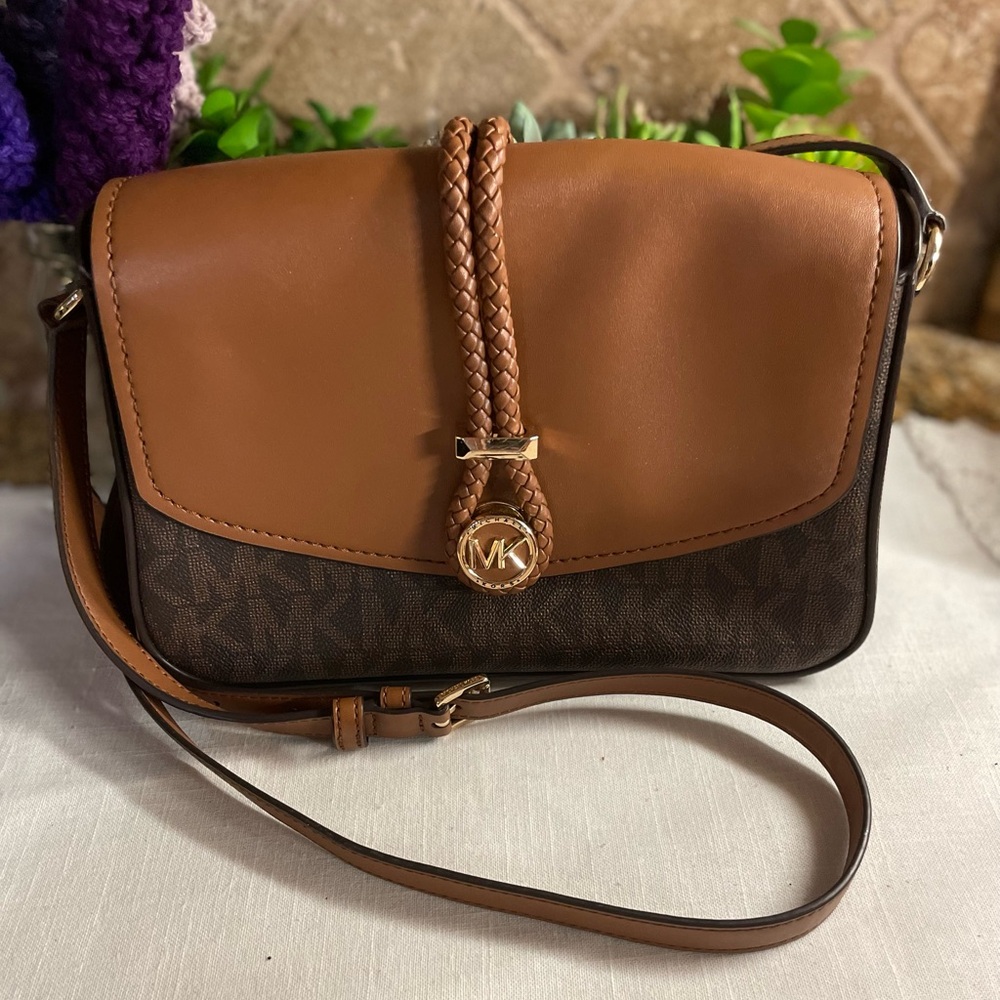 Michael Kors Tan and Brown Lea Small Crossbody Bag